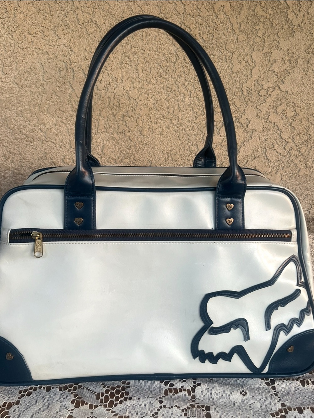 Fox White and Navy Duffel Bag with Logo